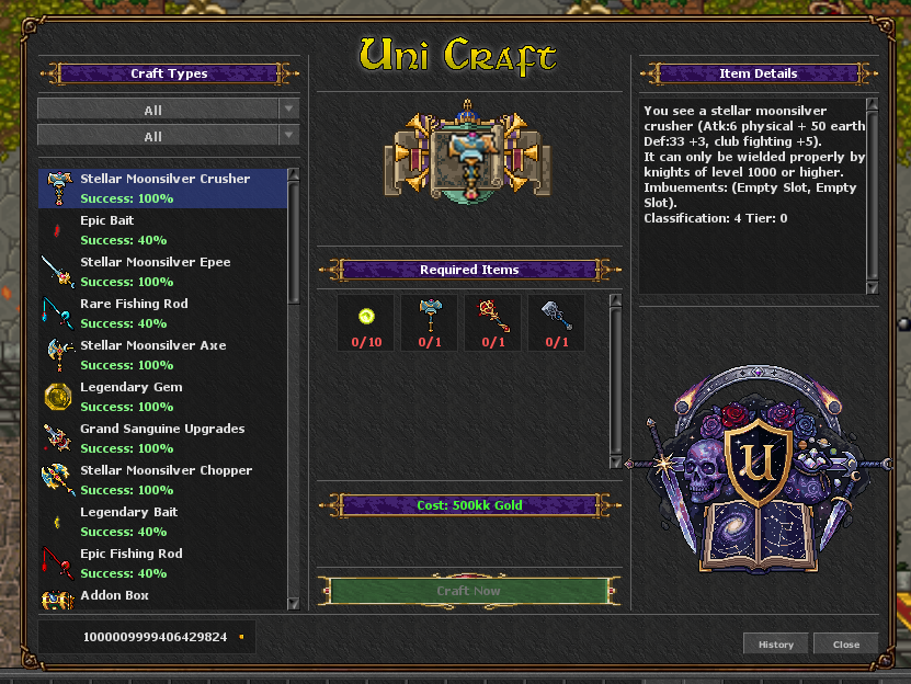 Interface principal do Craft System