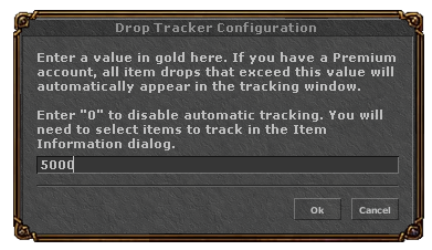 Janela para configurar o valor mínimo dos drops