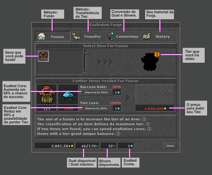 Janela de fusão da Exaltation Forge com explicações dos controles