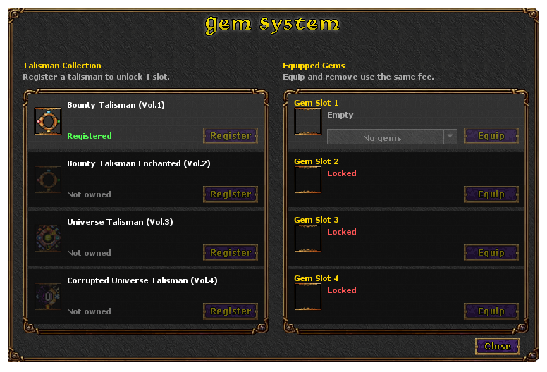 Interface do Gem System e seus slots de Talisman