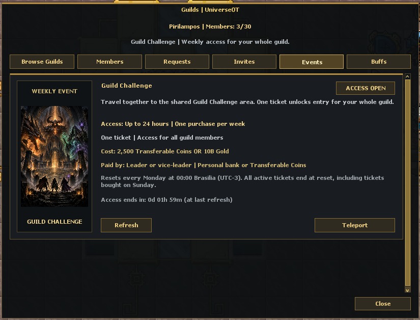 Painel da guild na aba Events com o acesso ao Guild Challenger e o botão Teleport