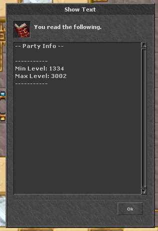 Janela Party Info mostrando os levels mínimo e máximo para compartilhar experiência