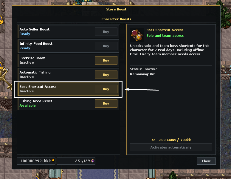 Ticket Shortcut Bosses na interface do Boost
